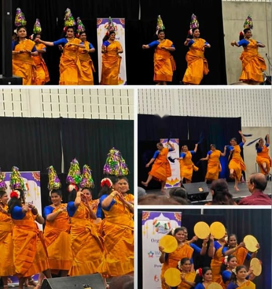 Masakali dancers performing a Tamil folk karagam dance with glittering cones on their heads at Carassauga 2026